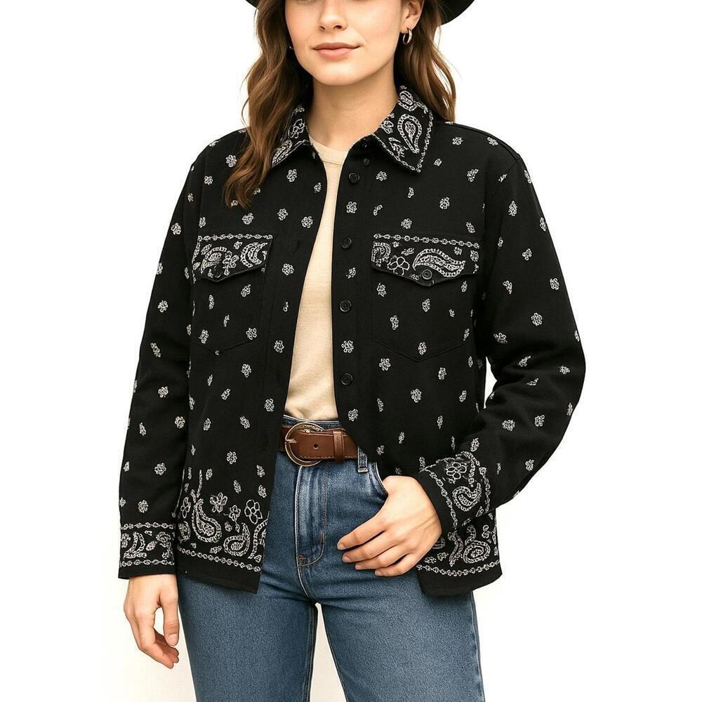 VTG Quacker Factory L Black Bandana Paisley Western Jacket Y2K Cowgirl Rodeo